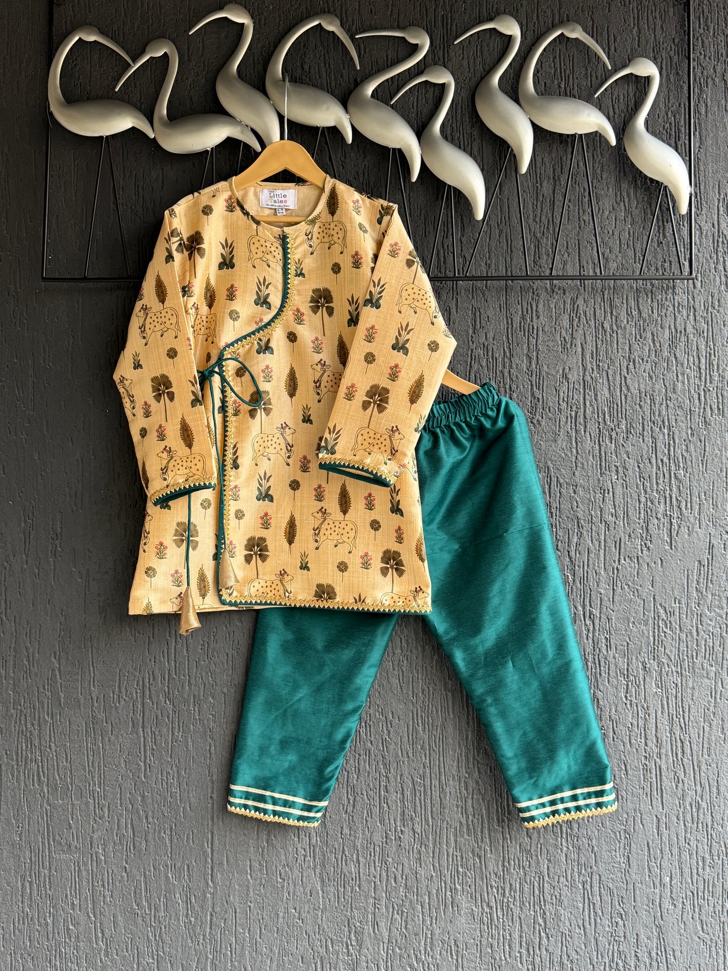 Beige Cow printed angrakha set with Green Bottom