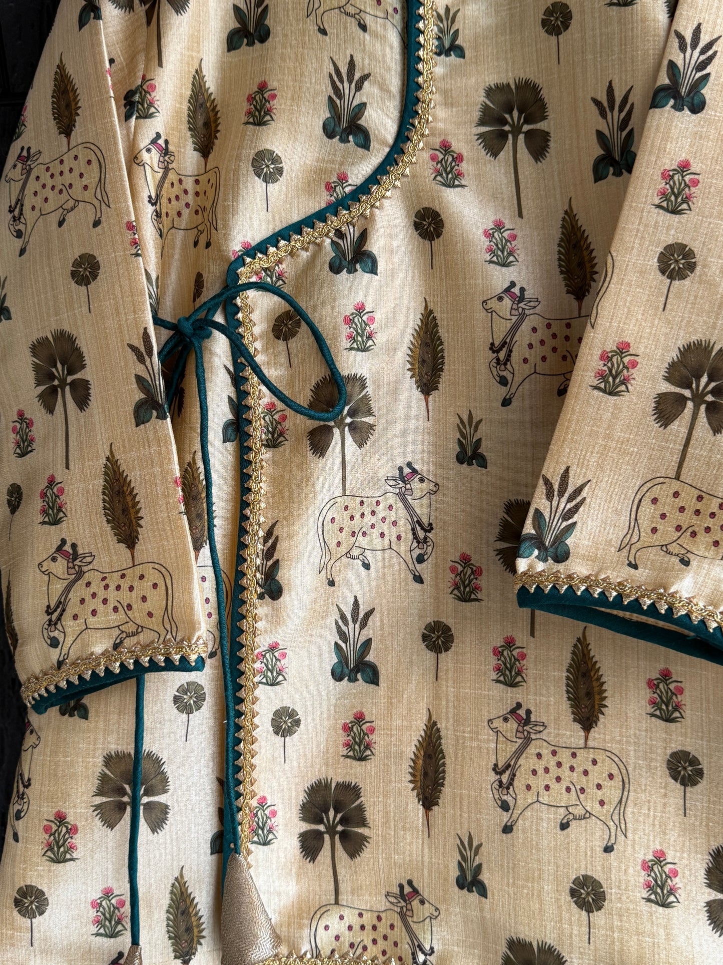 Beige Cow printed angrakha set with Green Bottom