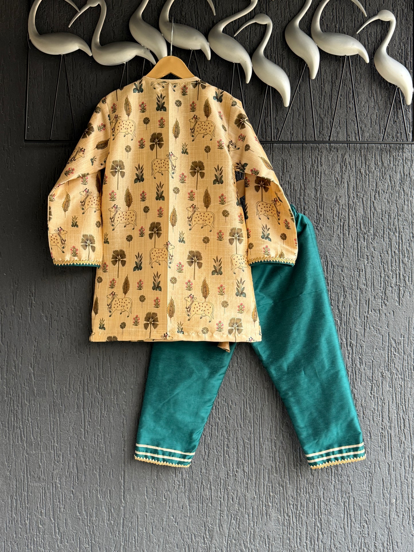 Beige Cow printed angrakha set with Green Bottom