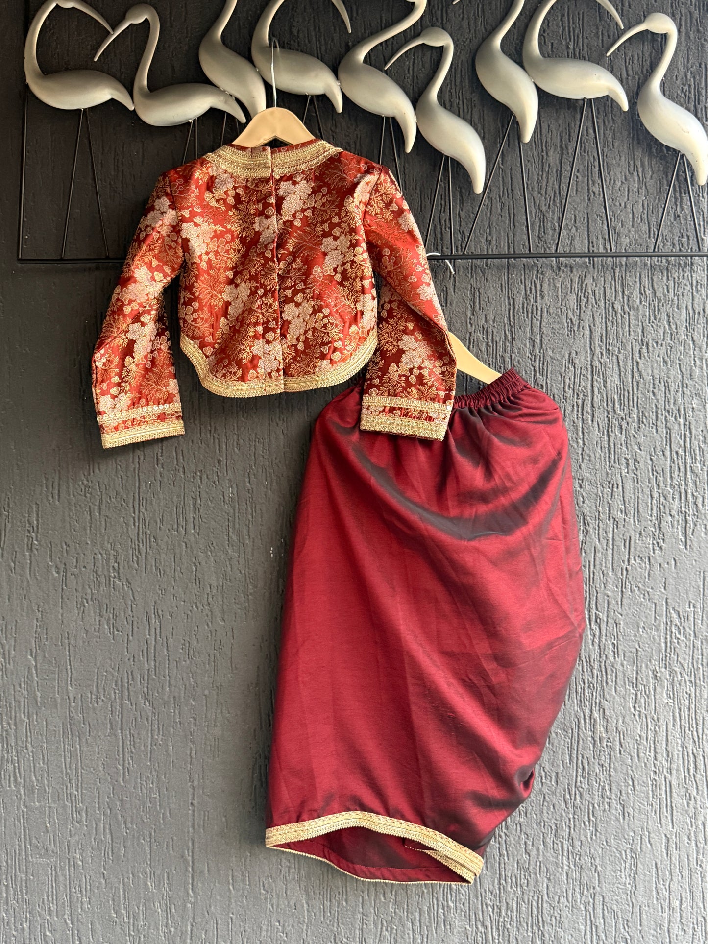 Deep red brocade blouse with Drape skirt