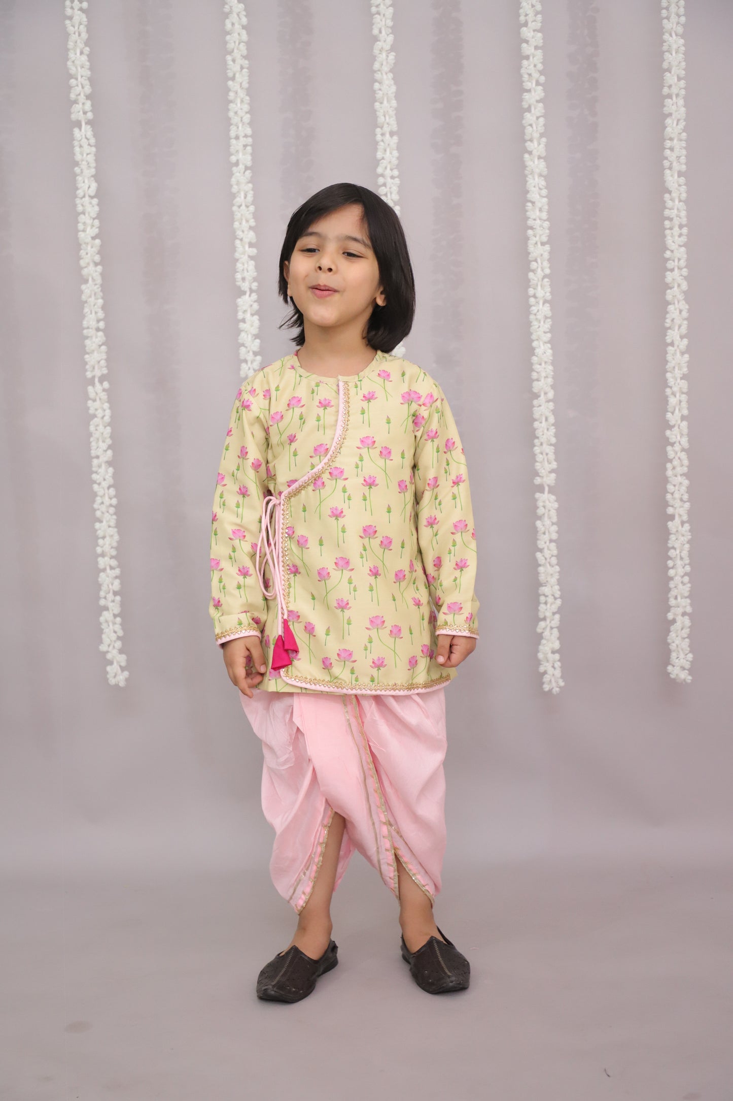 yellow lotus Print Kurta dhoti set