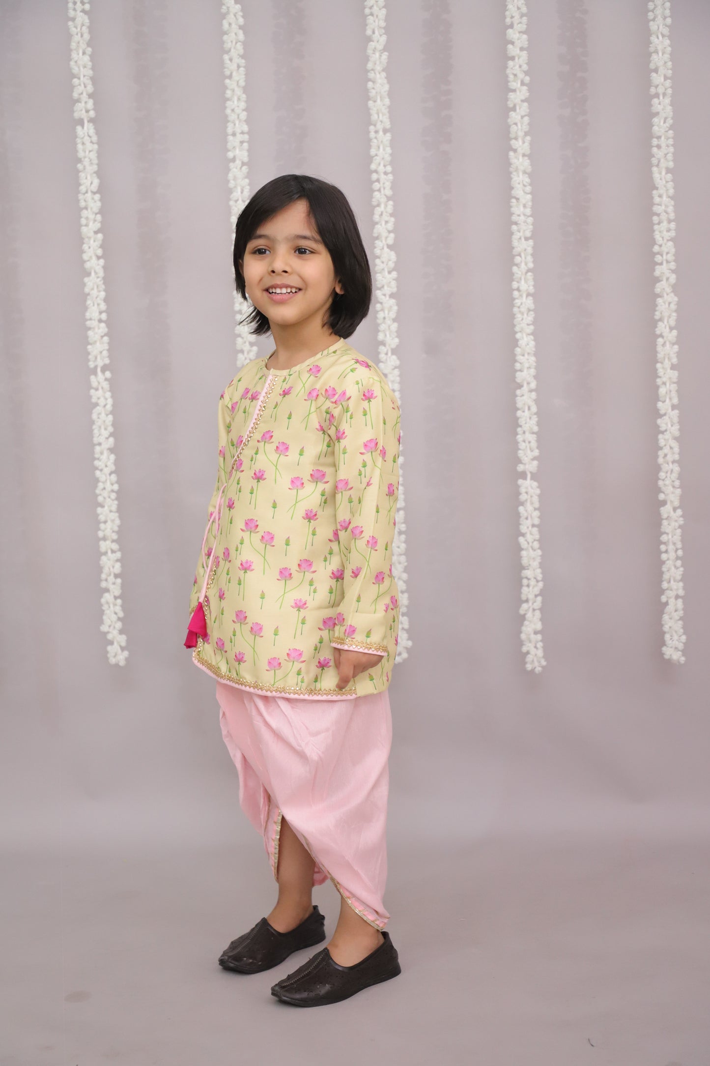 yellow lotus Print Kurta dhoti set