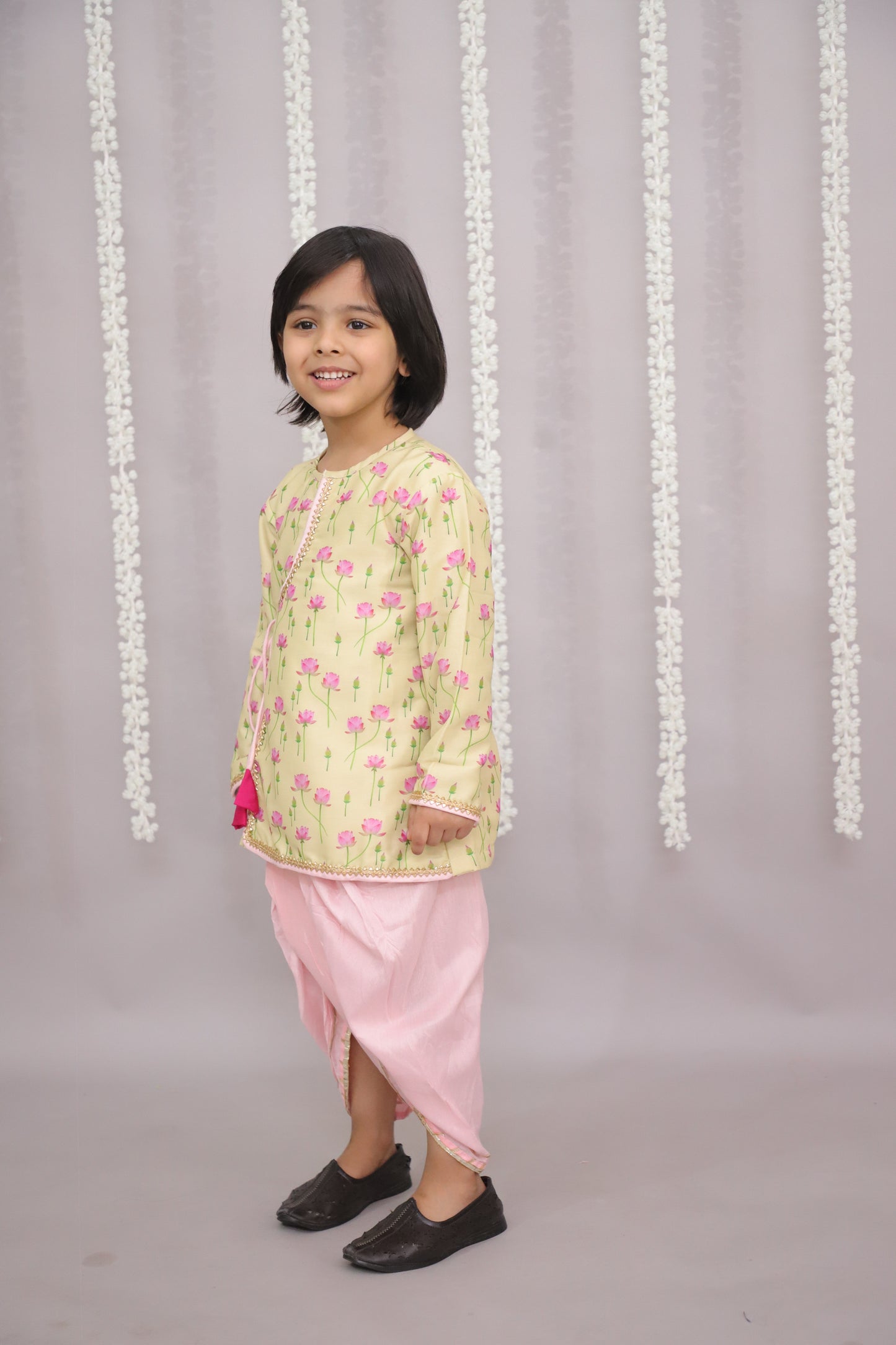 yellow lotus Print Kurta dhoti set