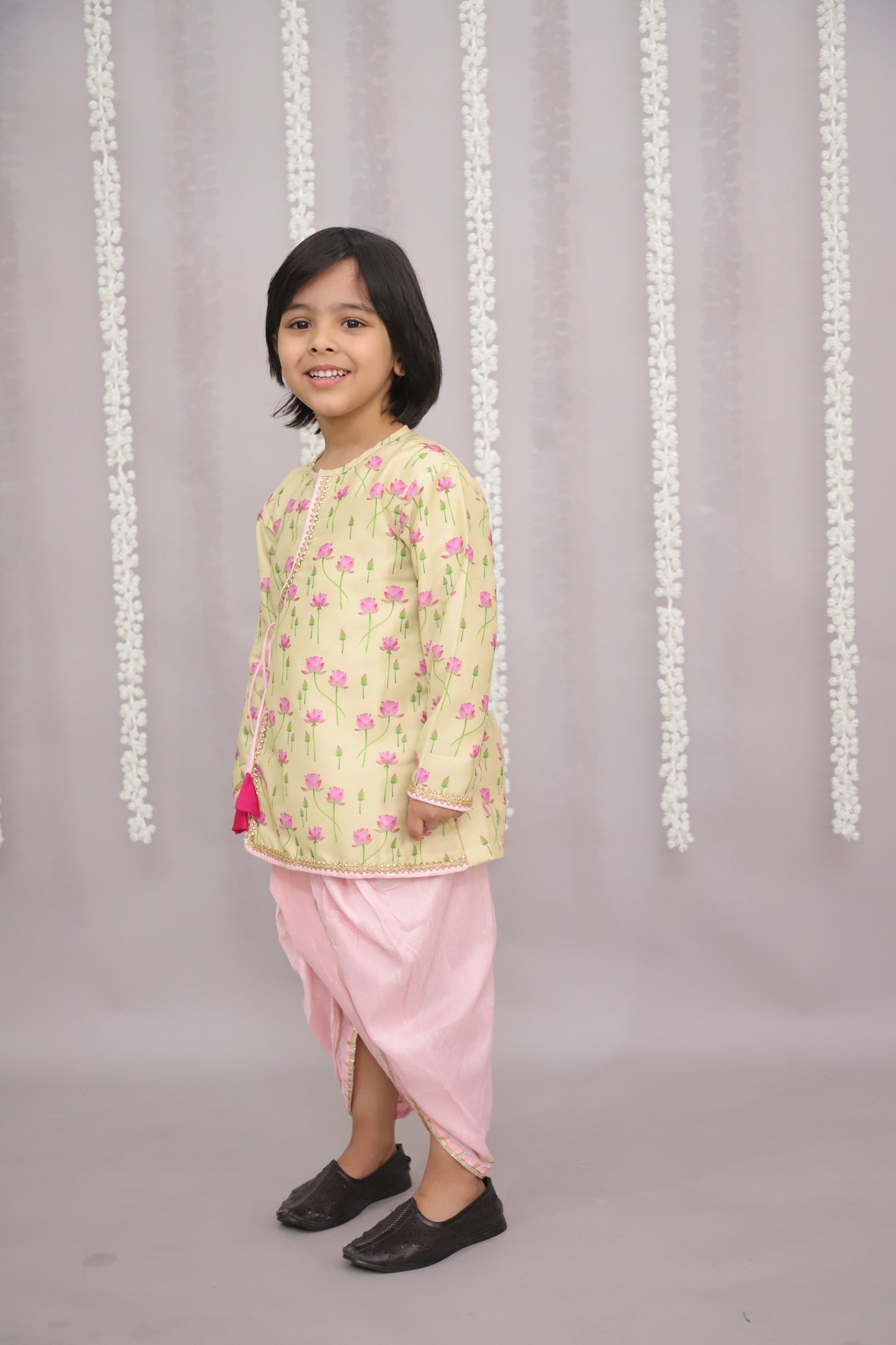 yellow lotus Print Kurta dhoti set