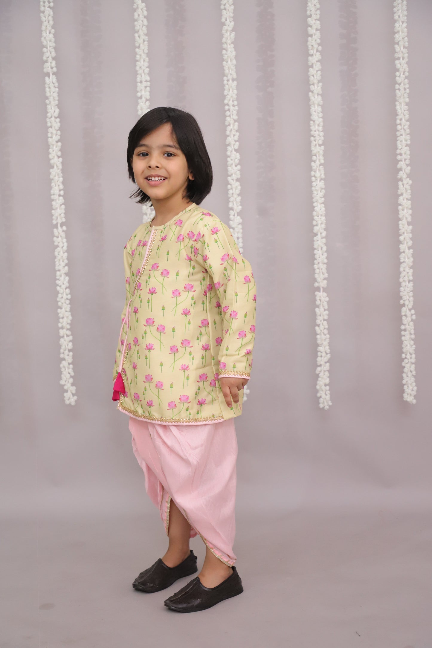 yellow lotus Print Kurta dhoti set