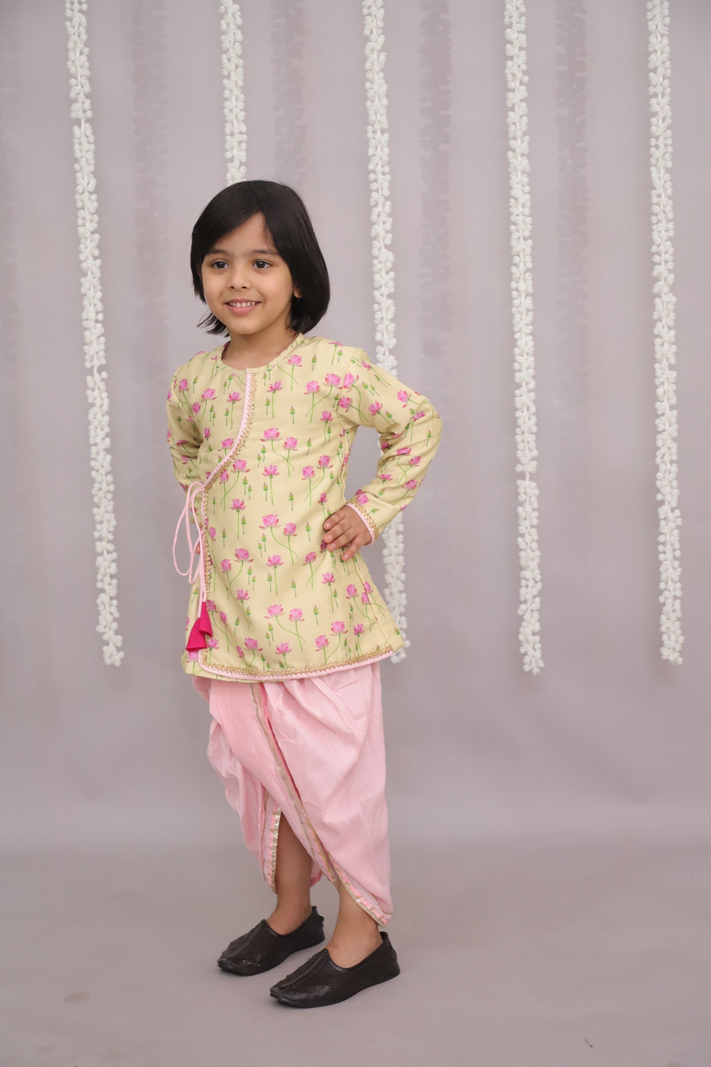 yellow lotus Print Kurta dhoti set
