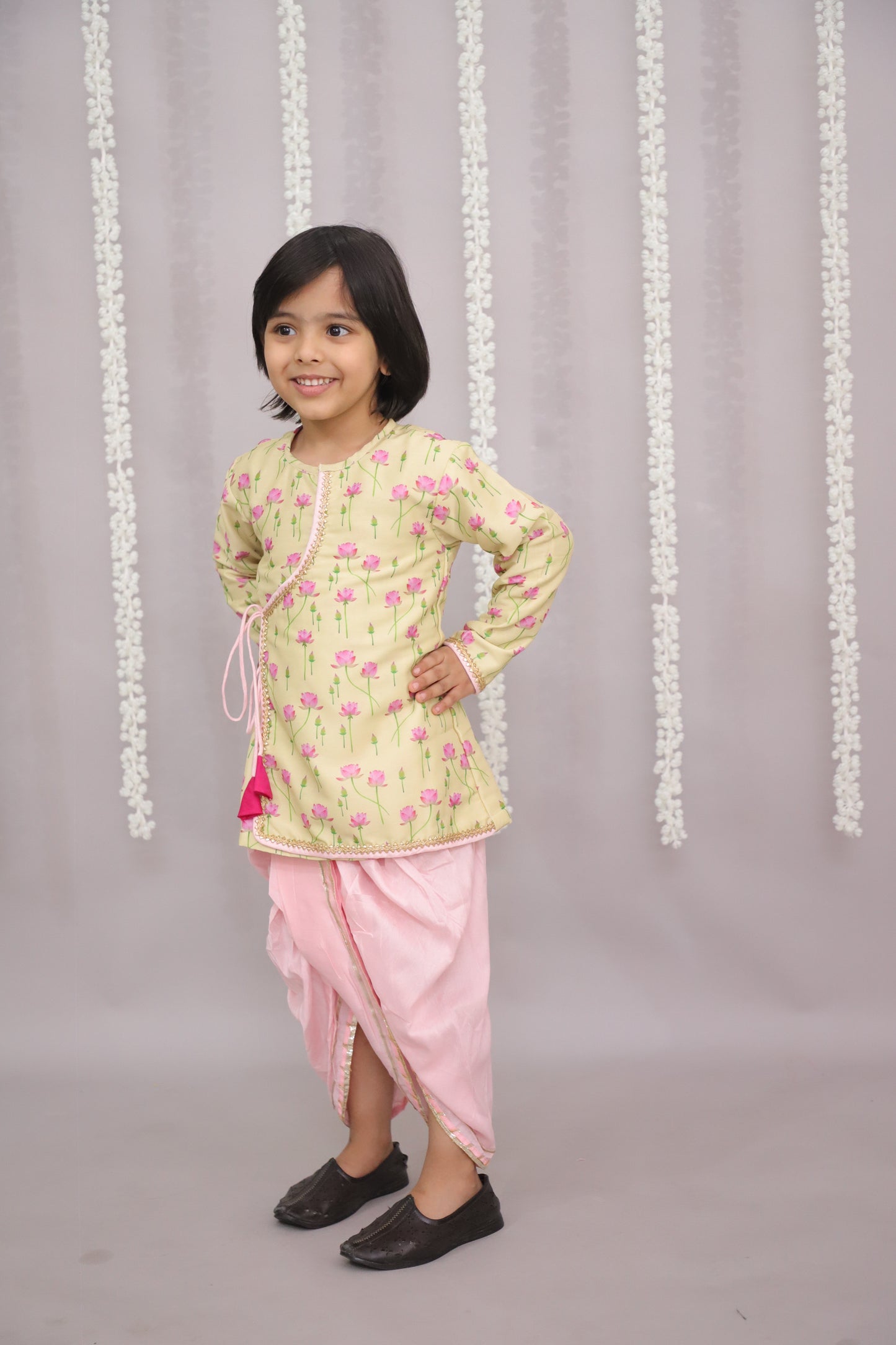 yellow lotus Print Kurta dhoti set