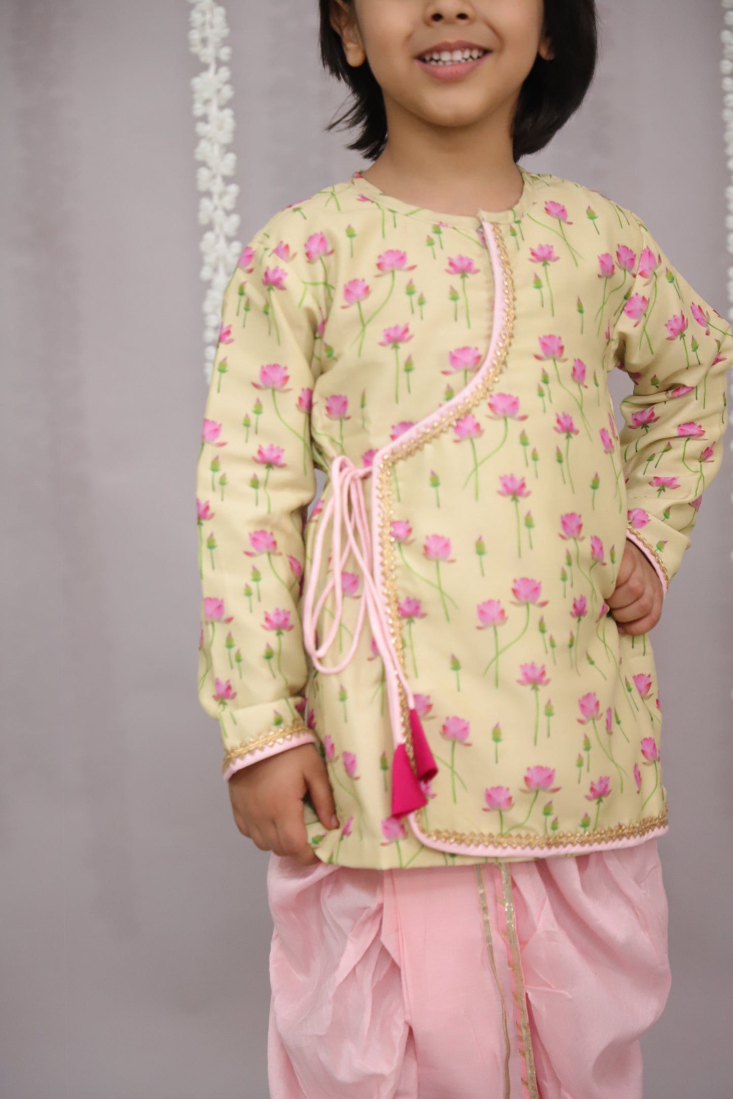 yellow lotus Print Kurta dhoti set