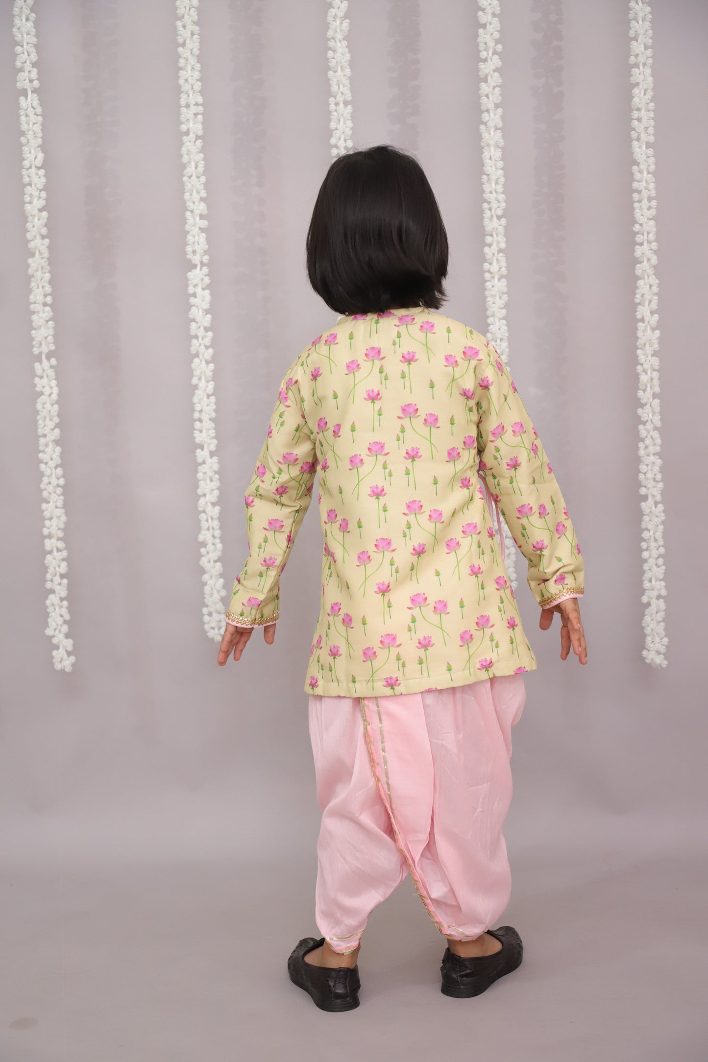 yellow lotus Print Kurta dhoti set