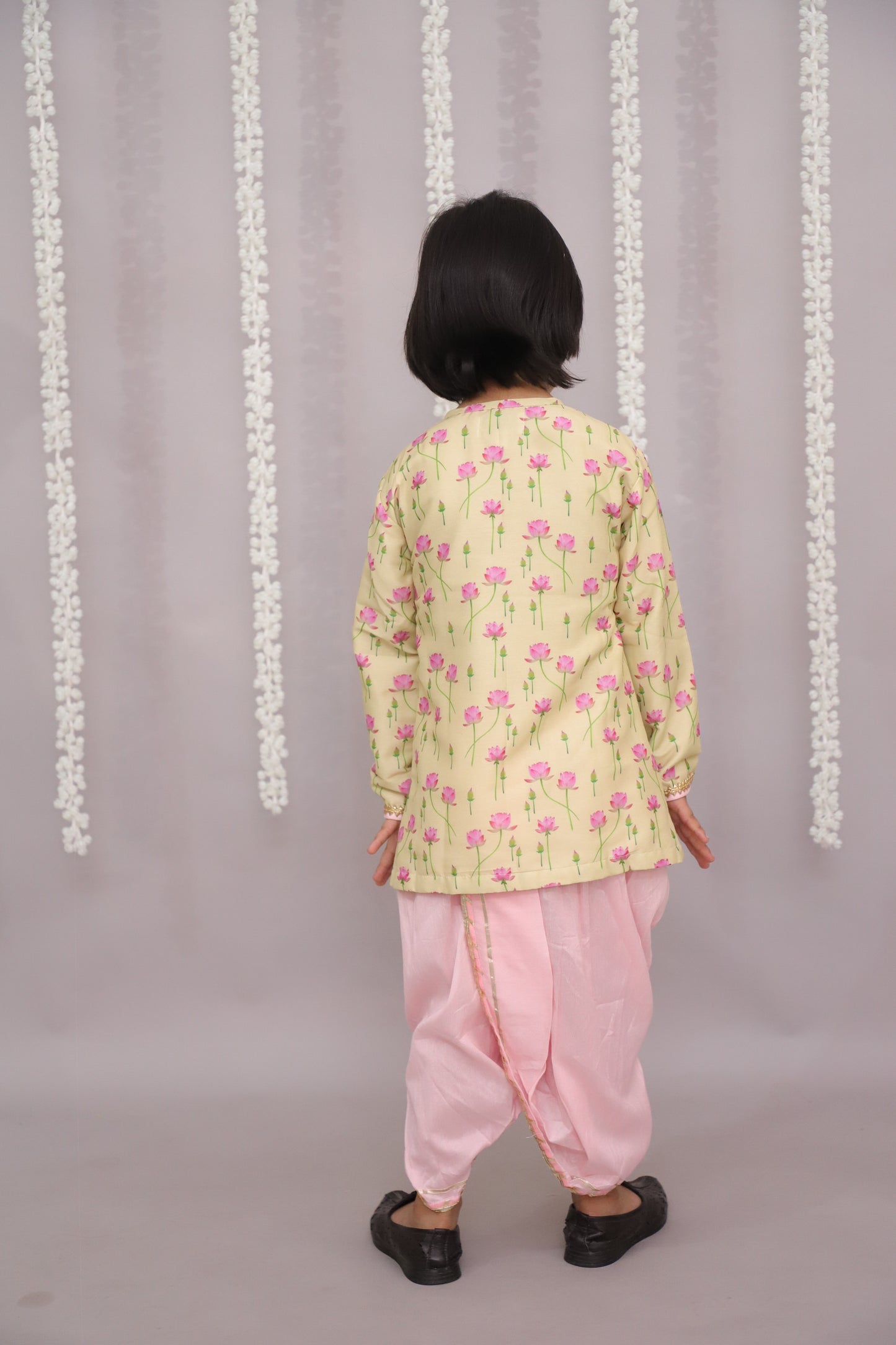 yellow lotus Print Kurta dhoti set