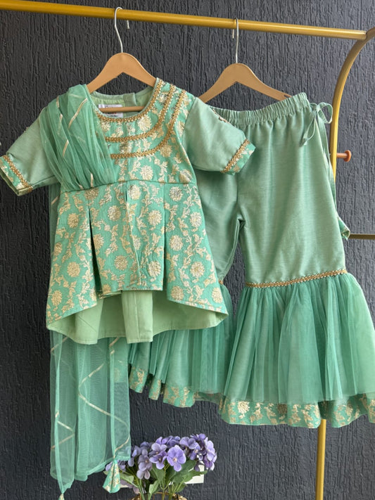 Green chanderi sharara with attached dupatta