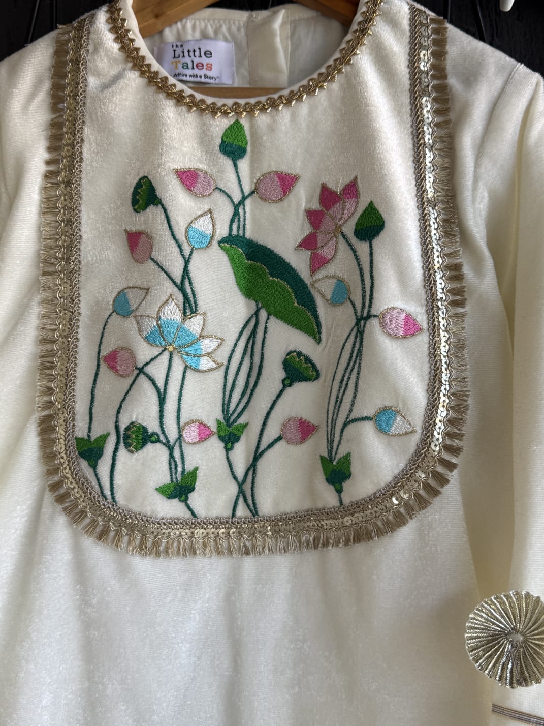White velvet lotus emb kurta set