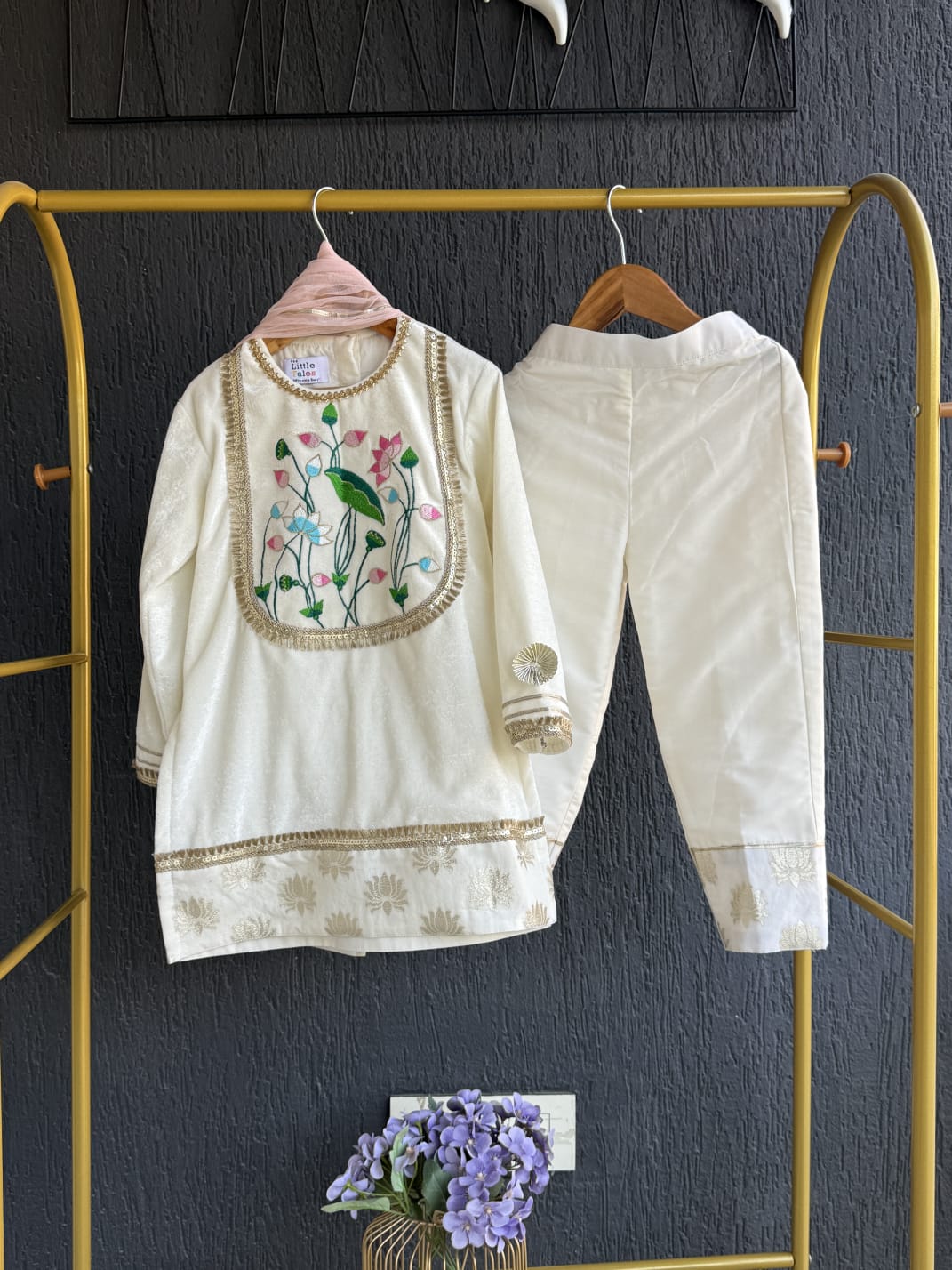 White velvet lotus emb kurta set