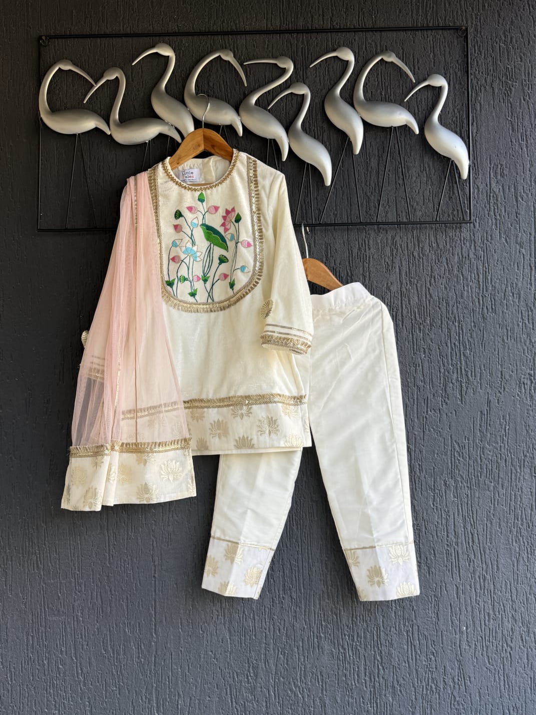 White velvet lotus emb kurta set