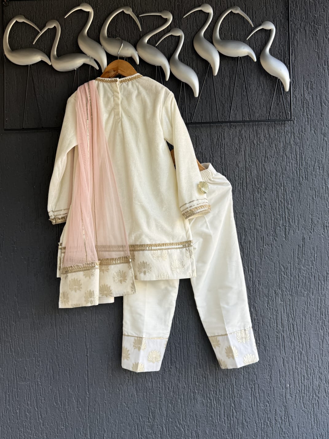 White velvet lotus emb kurta set