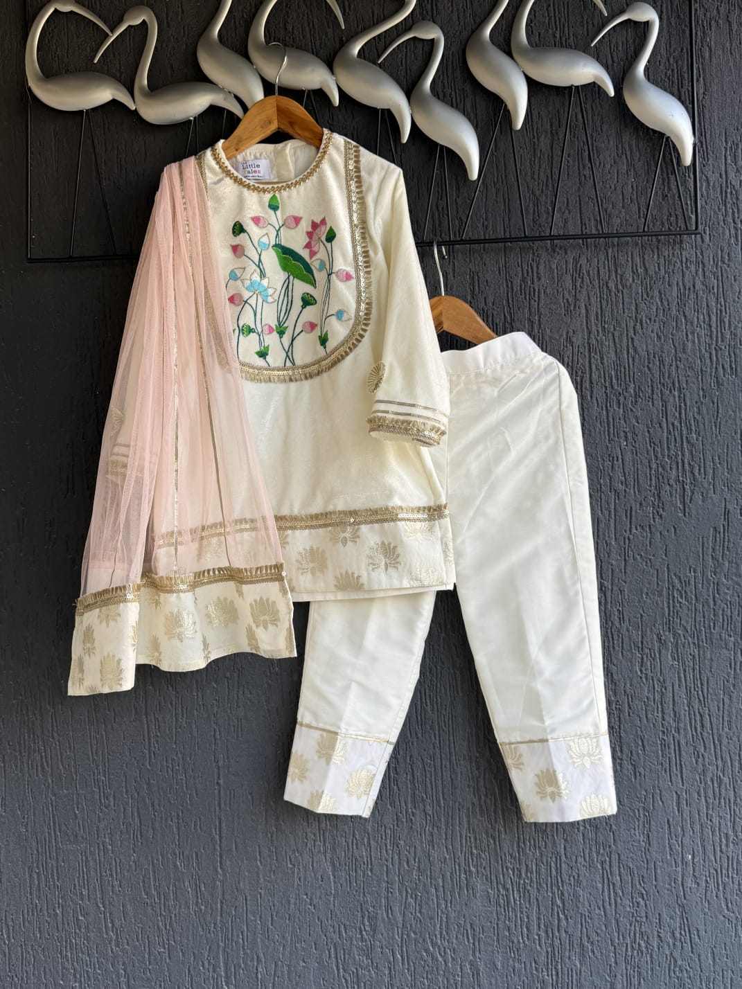 White velvet lotus emb kurta set