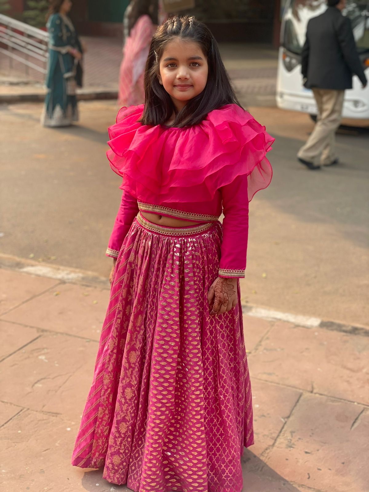 Fuschia pink organza frill chanderi lehnga set
