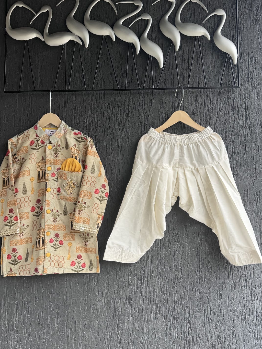 Off white Kurta Pyjama with printed attached jacket