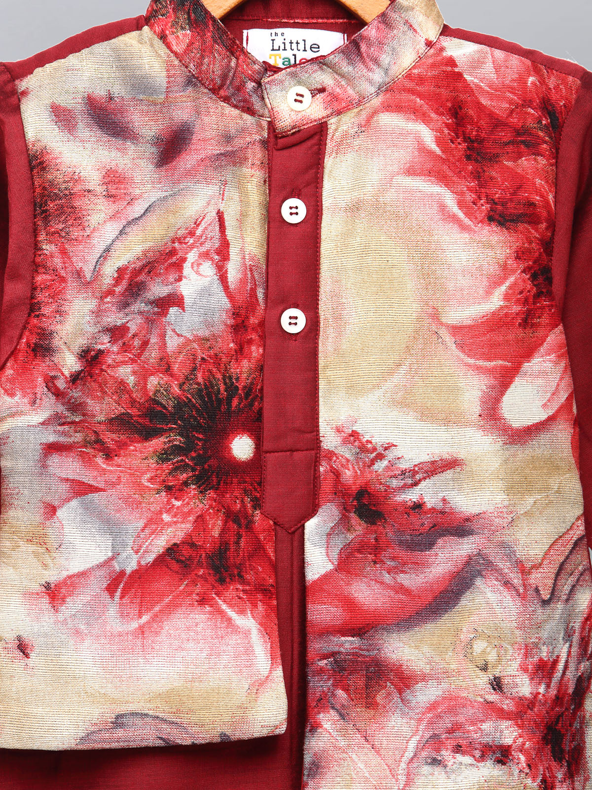 Deep Red Kurta with Printed jacket attached Kurta Pyjama
