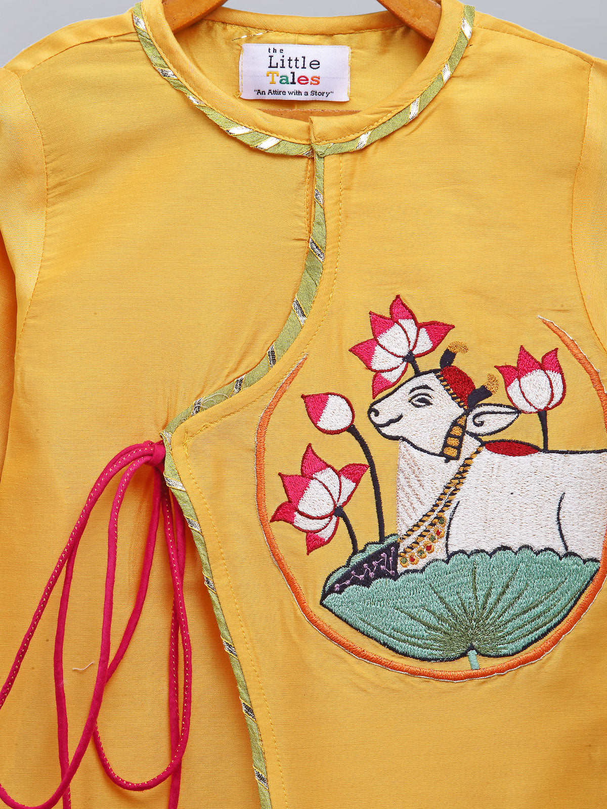 Mustard Pichwai Embroidered Angrakha Kurta Dhoti Set