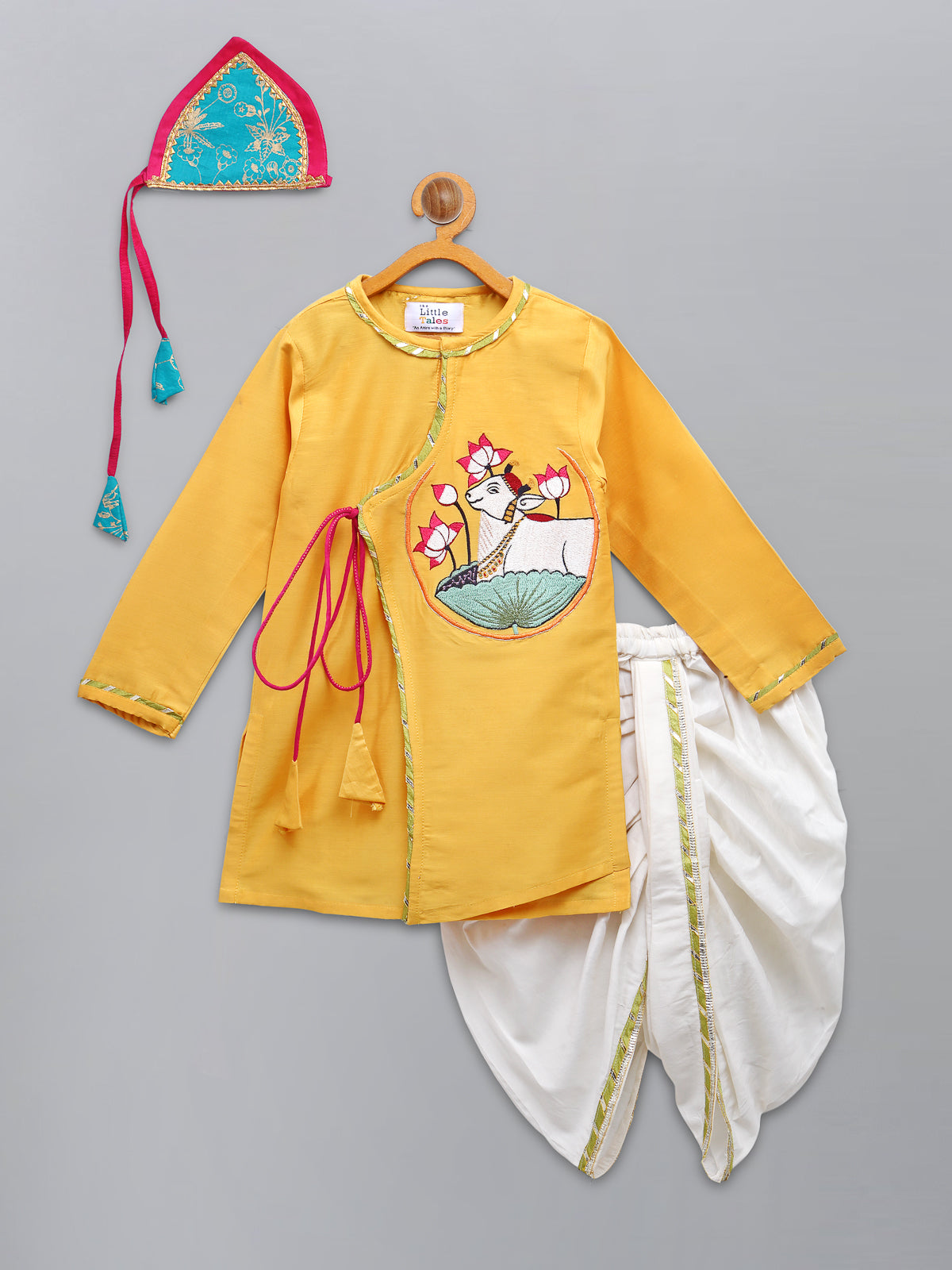 Mustard Pichwai Embroidered Angrakha Kurta Dhoti Set