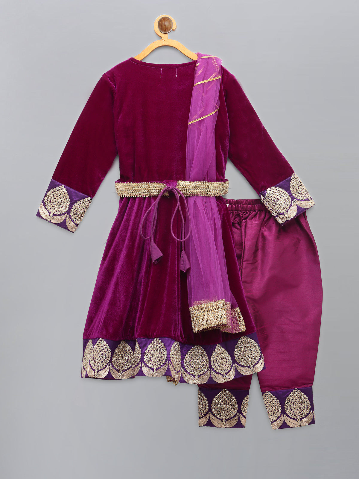 Purple Velvet Embroidered Anarkali Pants with Net Dupatta