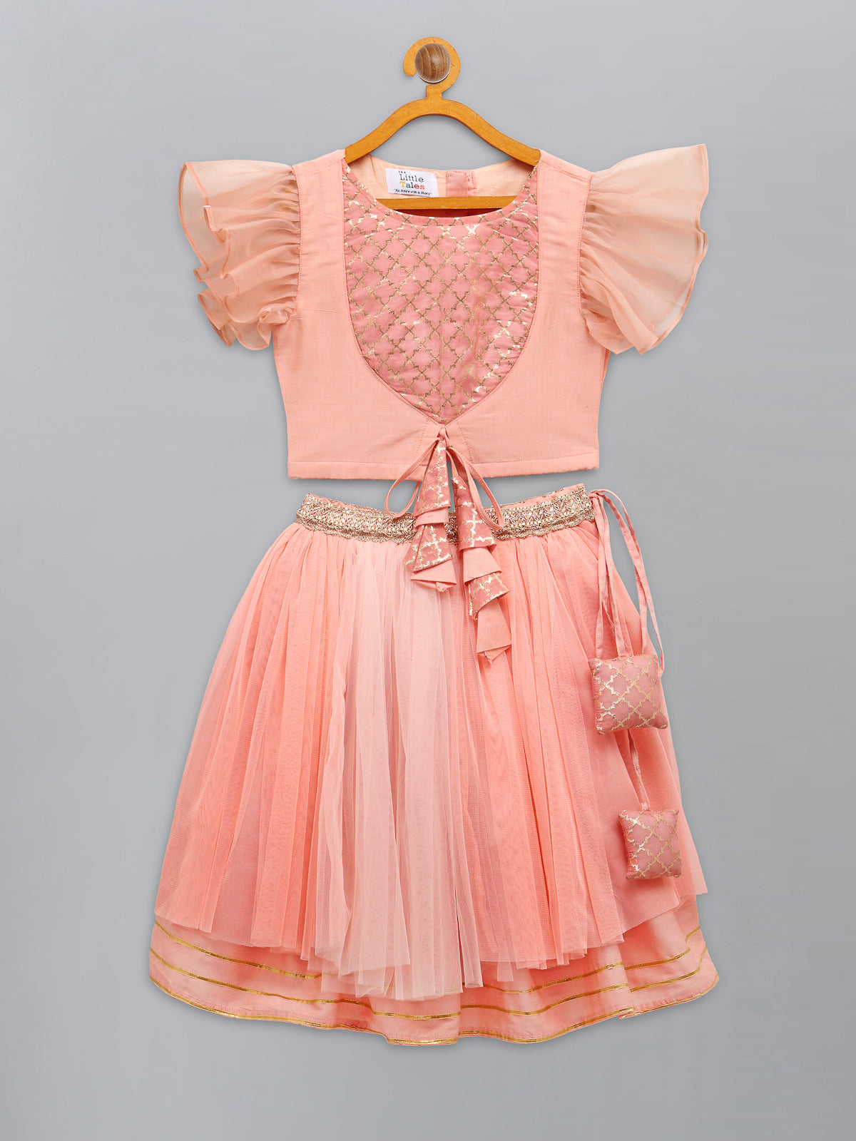 Peach frilly top with Double layered net Lehnga