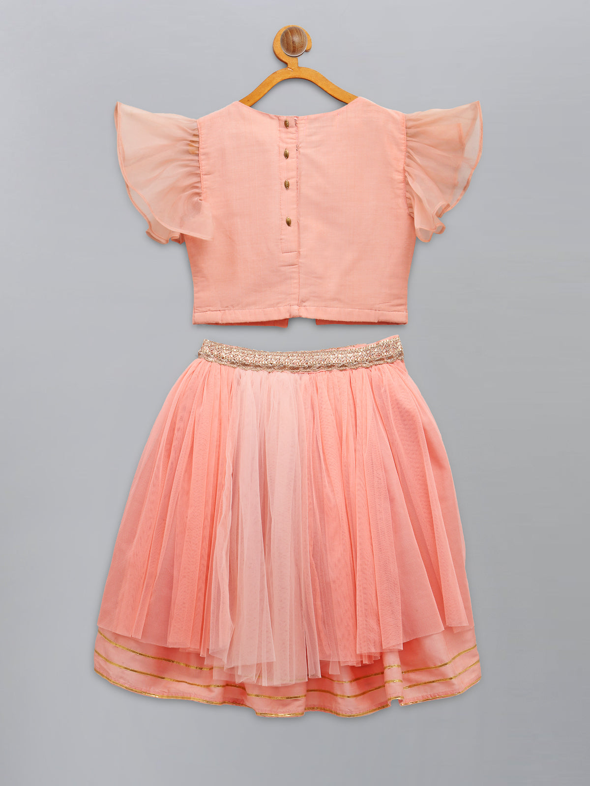 Peach frilly top with Double layered net Lehnga