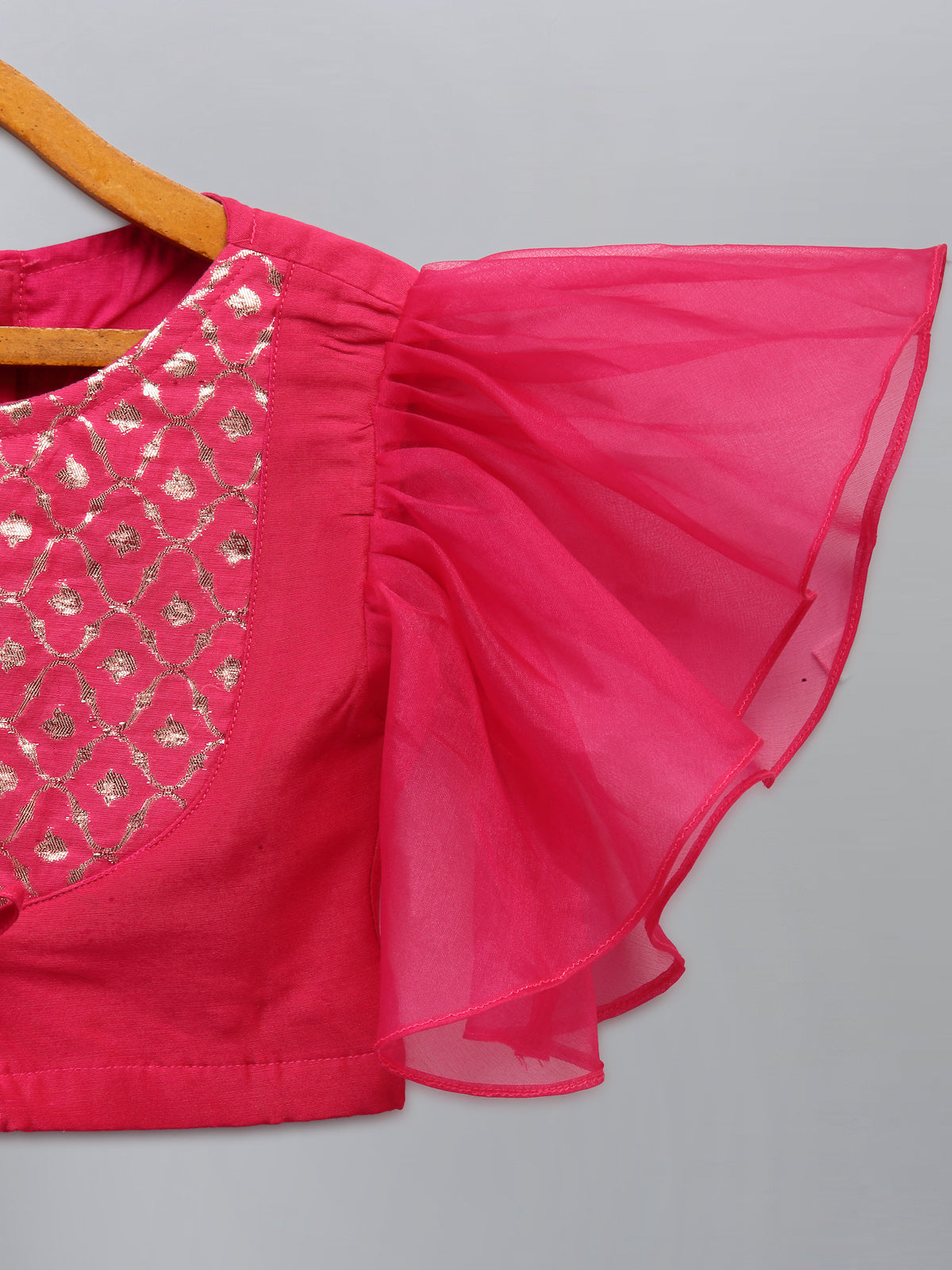 Fuschia Pink ruffled Blouse with Cotton Zari Lehnga