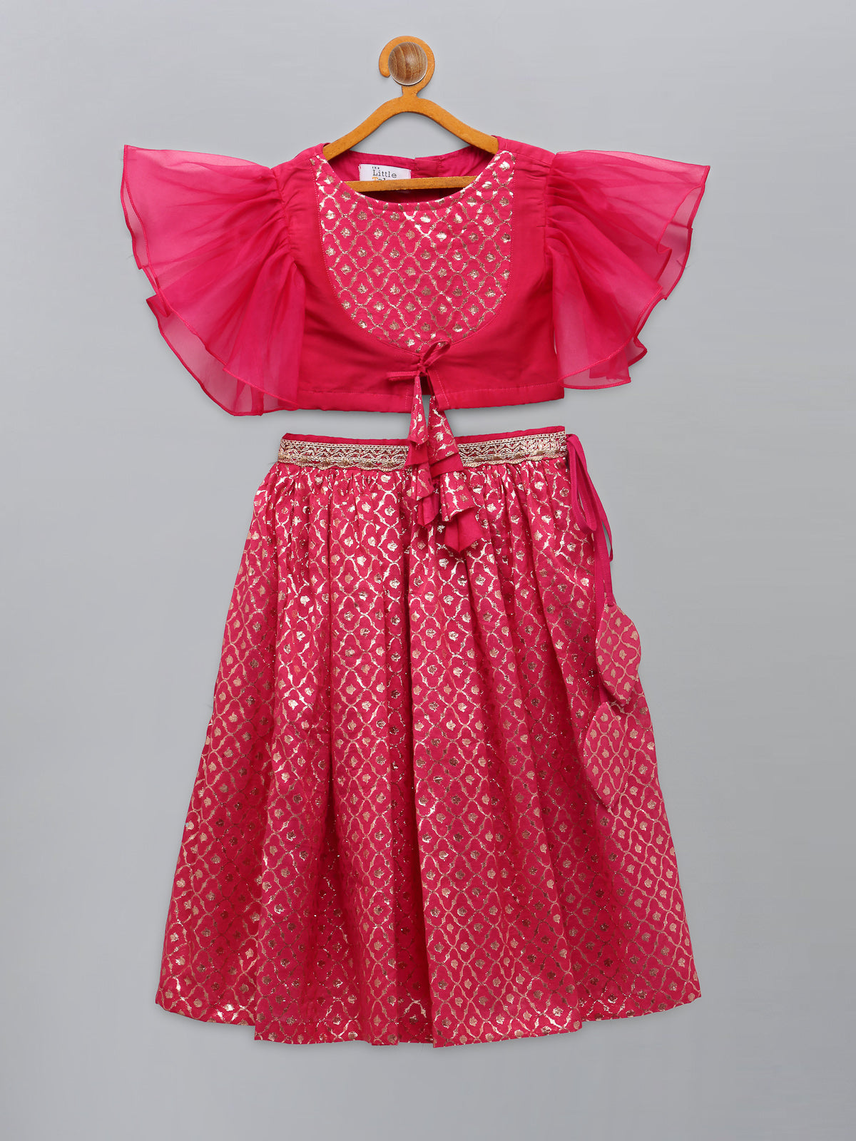 Fuschia Pink ruffled Blouse with Cotton Zari Lehnga
