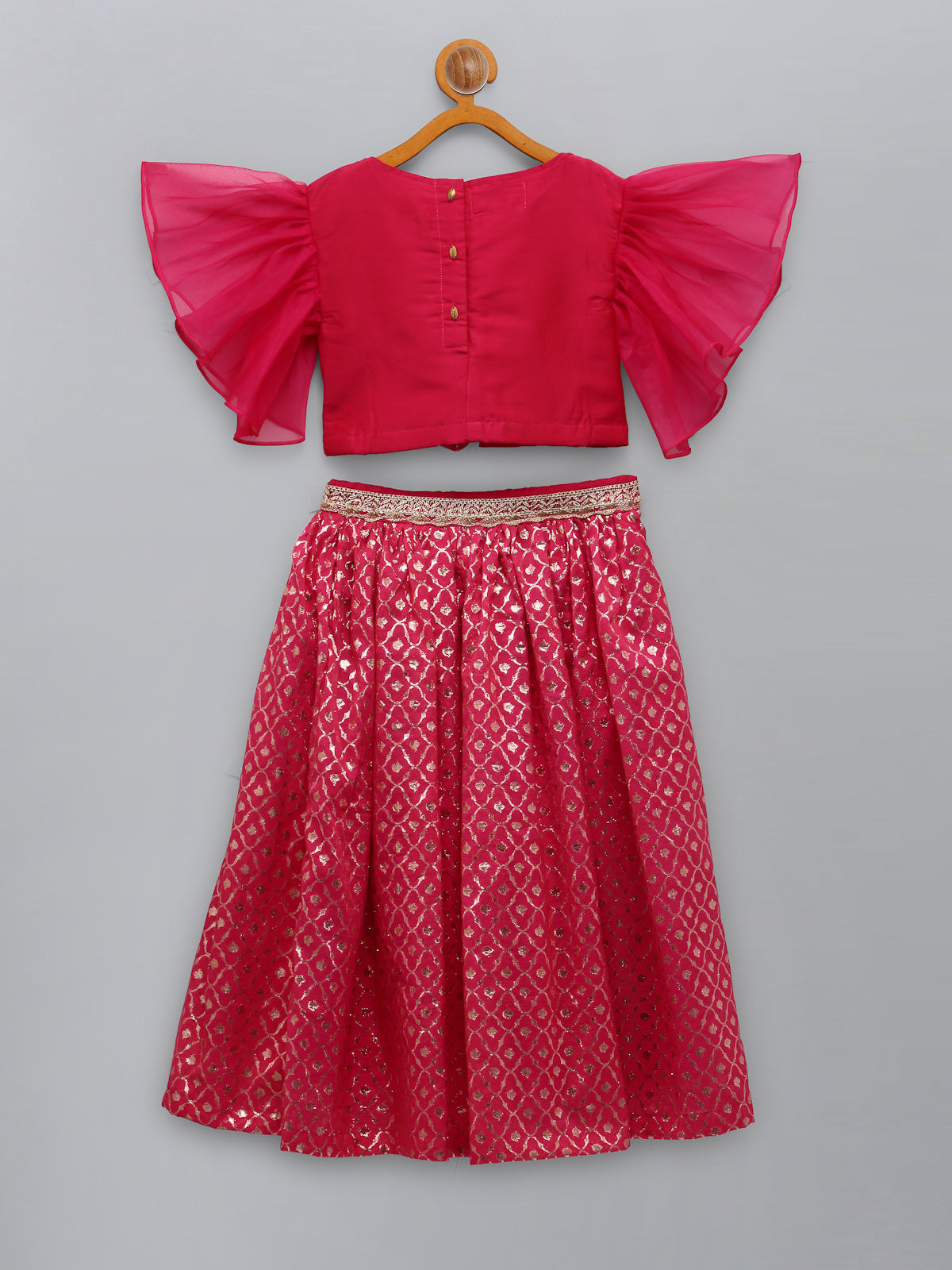 Fuschia Pink ruffled Blouse with Cotton Zari Lehnga