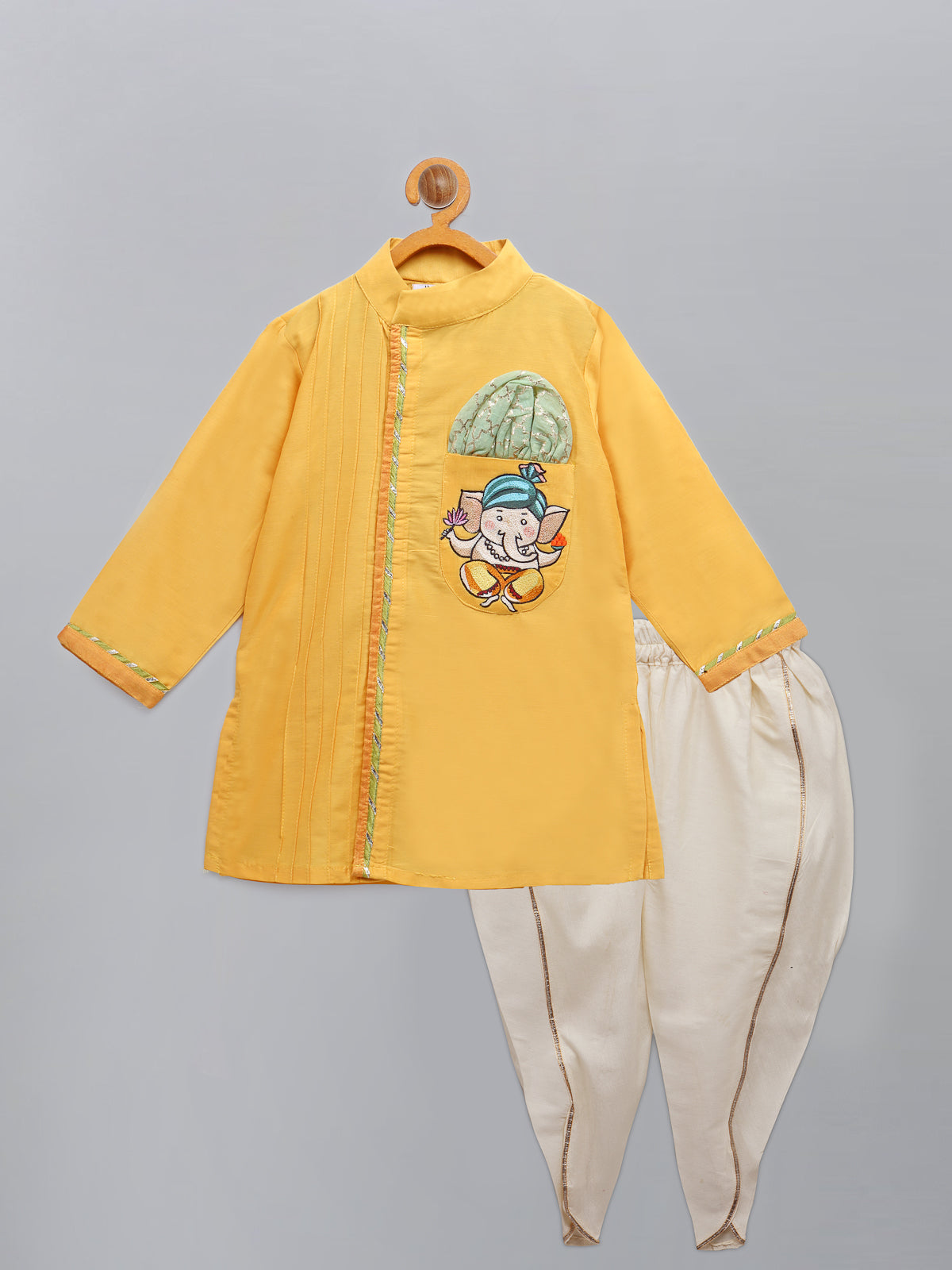 Mustard Ganpati Embroidered Kurta Dhoti Set