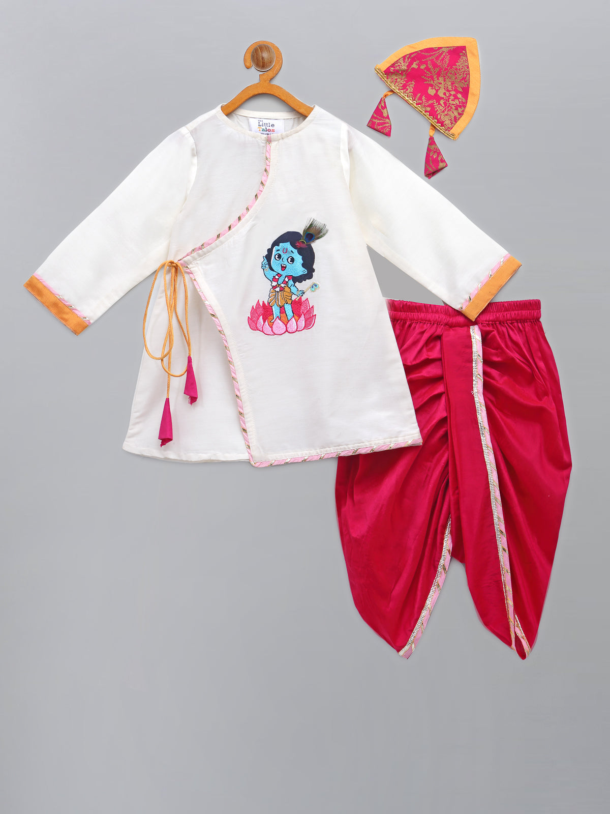 Off White Krishna Embroidered Angrakha Kurta Dhoti Set