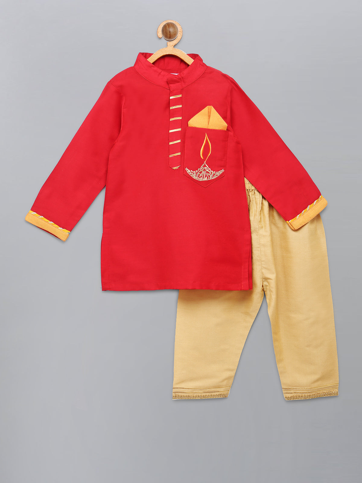 Red Fire Lamp embroidred Kurta with Beige Pyjama