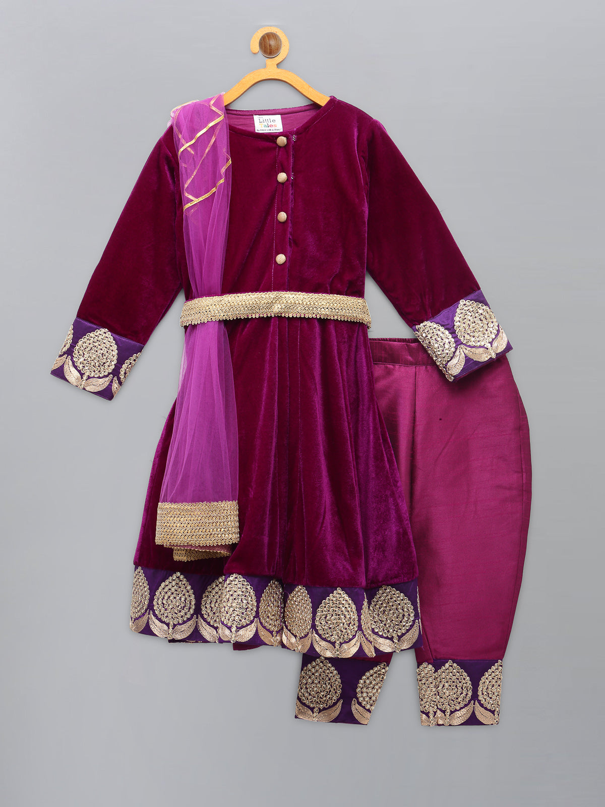 Purple Velvet Embroidered Anarkali Pants with Net Dupatta