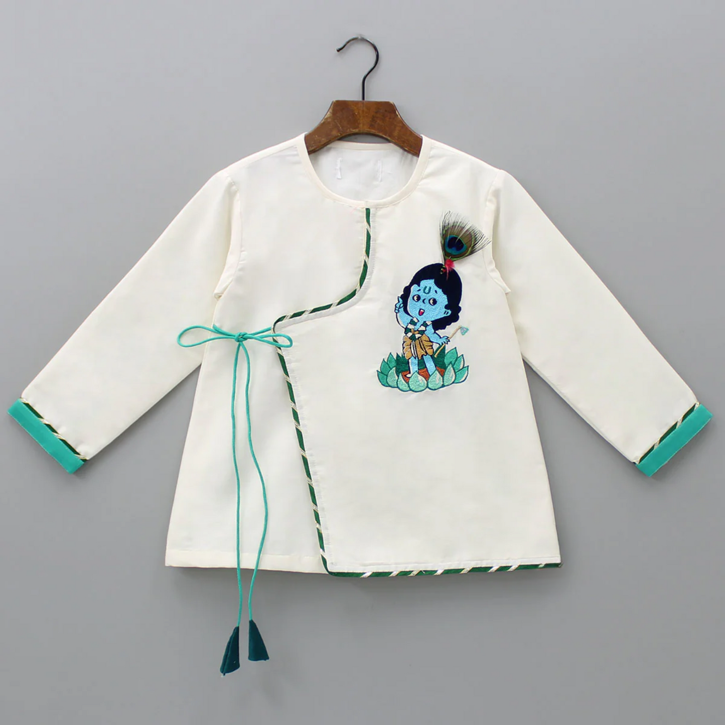 Green  Krishna Embroidered Angrakha Kurta Dhoti  Set