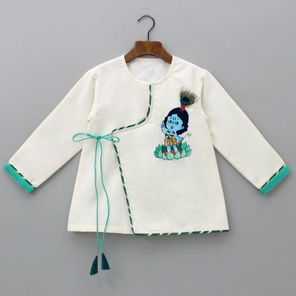 Green  Krishna Embroidered Angrakha Kurta Dhoti  Set