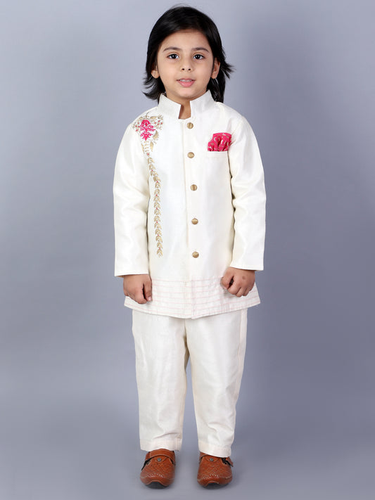 Offwhite Embroidered Silk Bandhgala with Silk Trousers