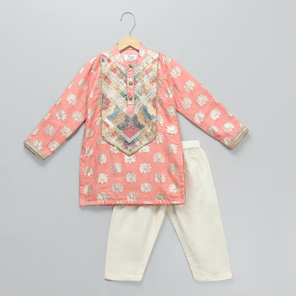 peach lotus print with yoke embroidery kurta payjama set