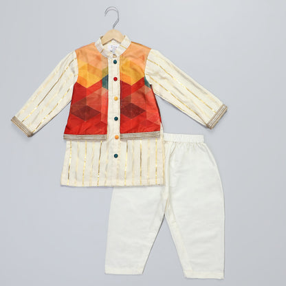off white   kurta with multi colorAttached Jacket and Pyjama