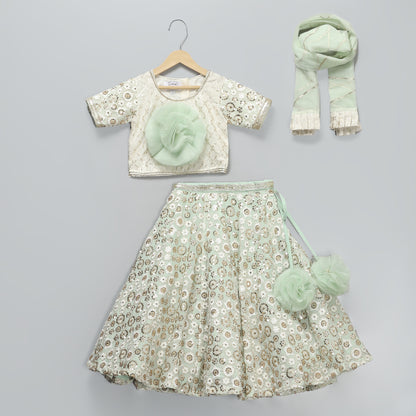 Off white and green heavy Embrodiery lehnga blouse set with duppatta
