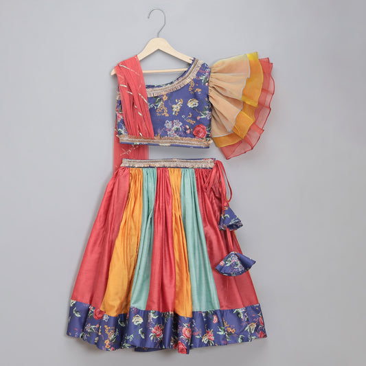 Purple Floral printed off shoulder lehnga set with attached dupatta (Sale)