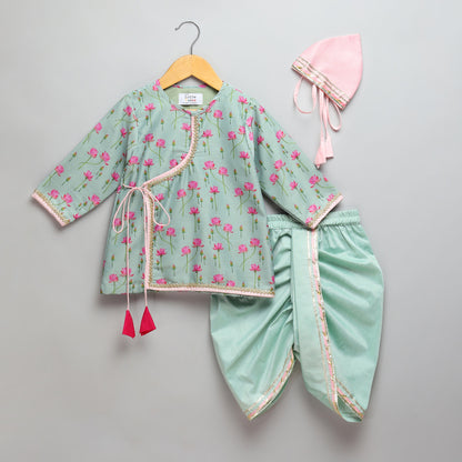 Mint Green lotus Print Kurta Dhoti set (Sale)