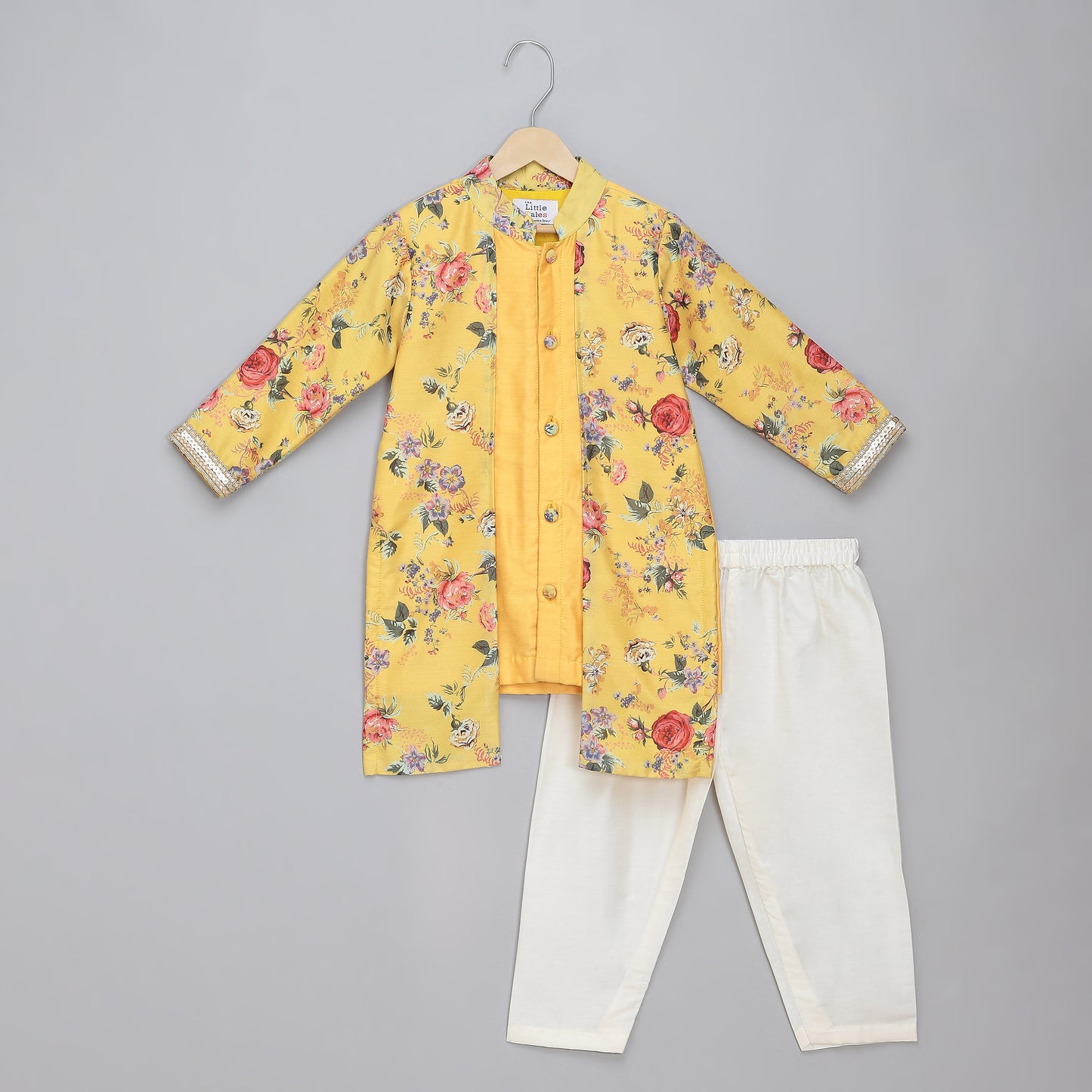 Yellow Kurta Pyjama with Attached printed jacket