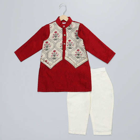 Maroon mughal printed kurta pyjama set