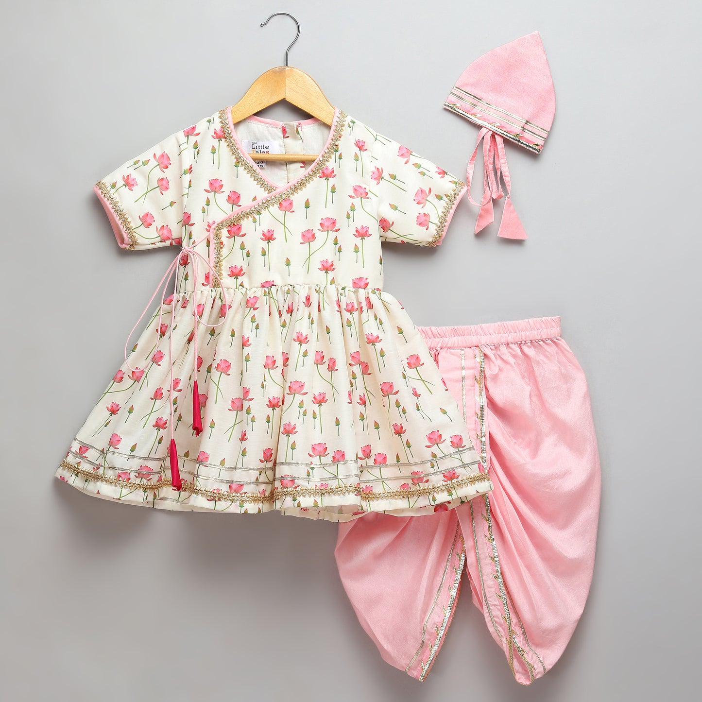 Offwhite Pink Lotus print Angrakha dhoti set