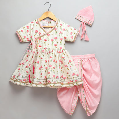 Offwhite Pink Lotus print Angrakha dhoti set
