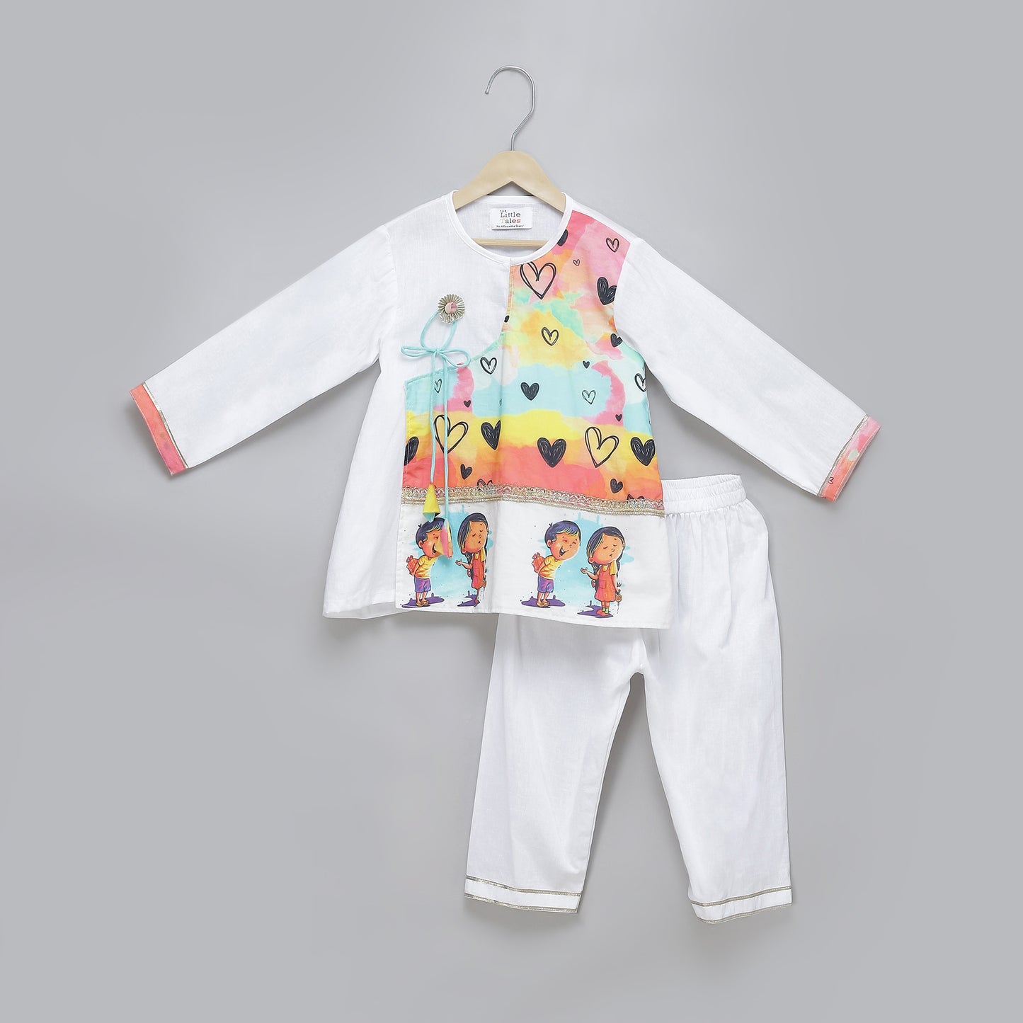 Yellow printed  kurta pyjama set with attached print panel