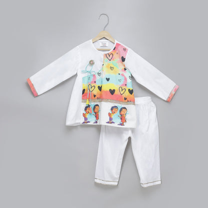 Yellow printed  kurta pyjama set with attached print panel