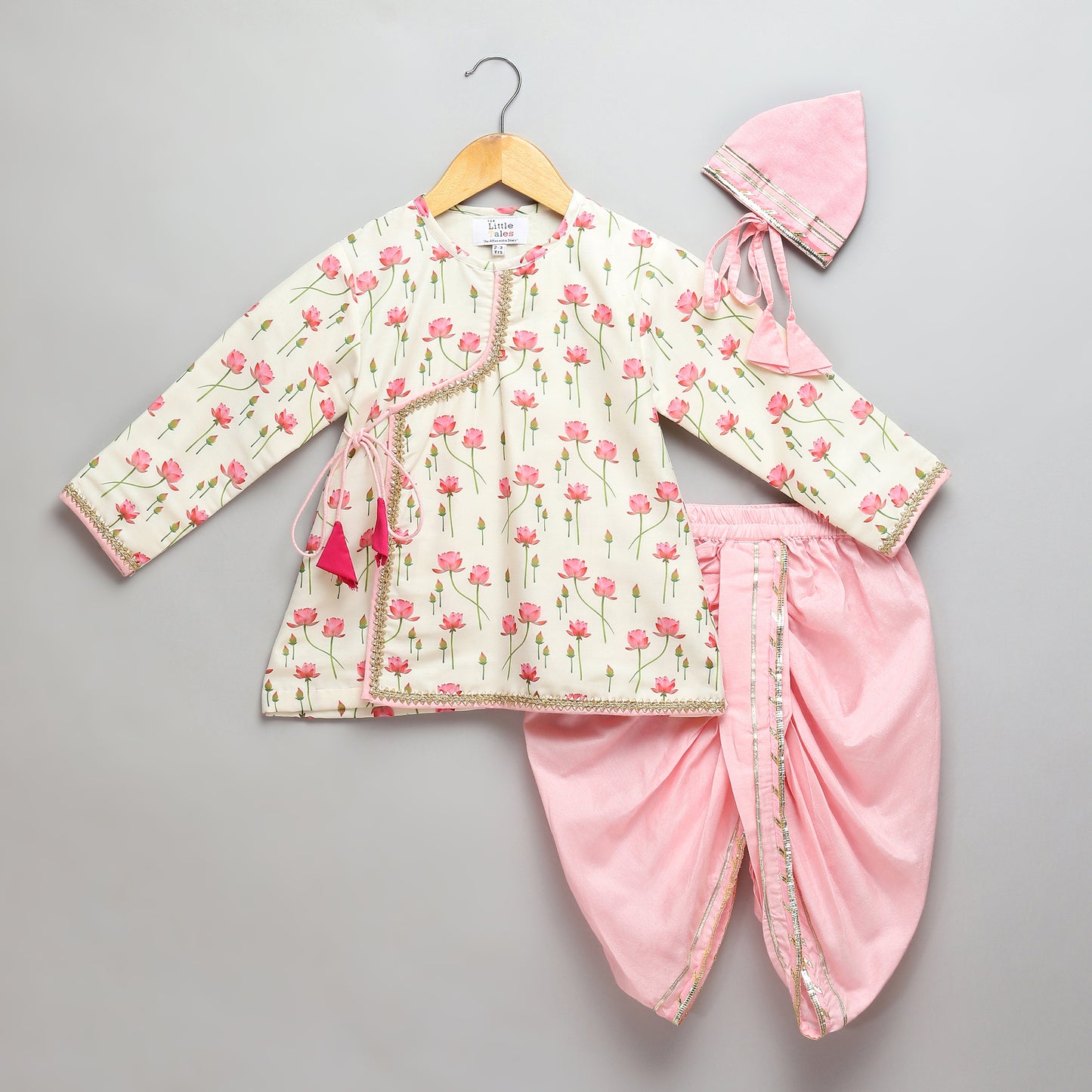 Off white / baby pink lotus Print Kurta Dhoti set